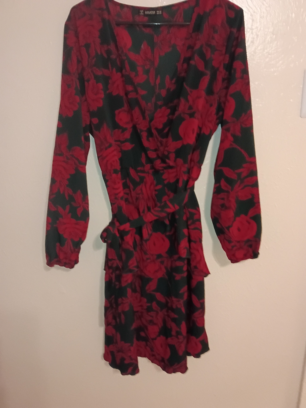 Guess Black and Red Floral Long Sleeve Wrap Dress